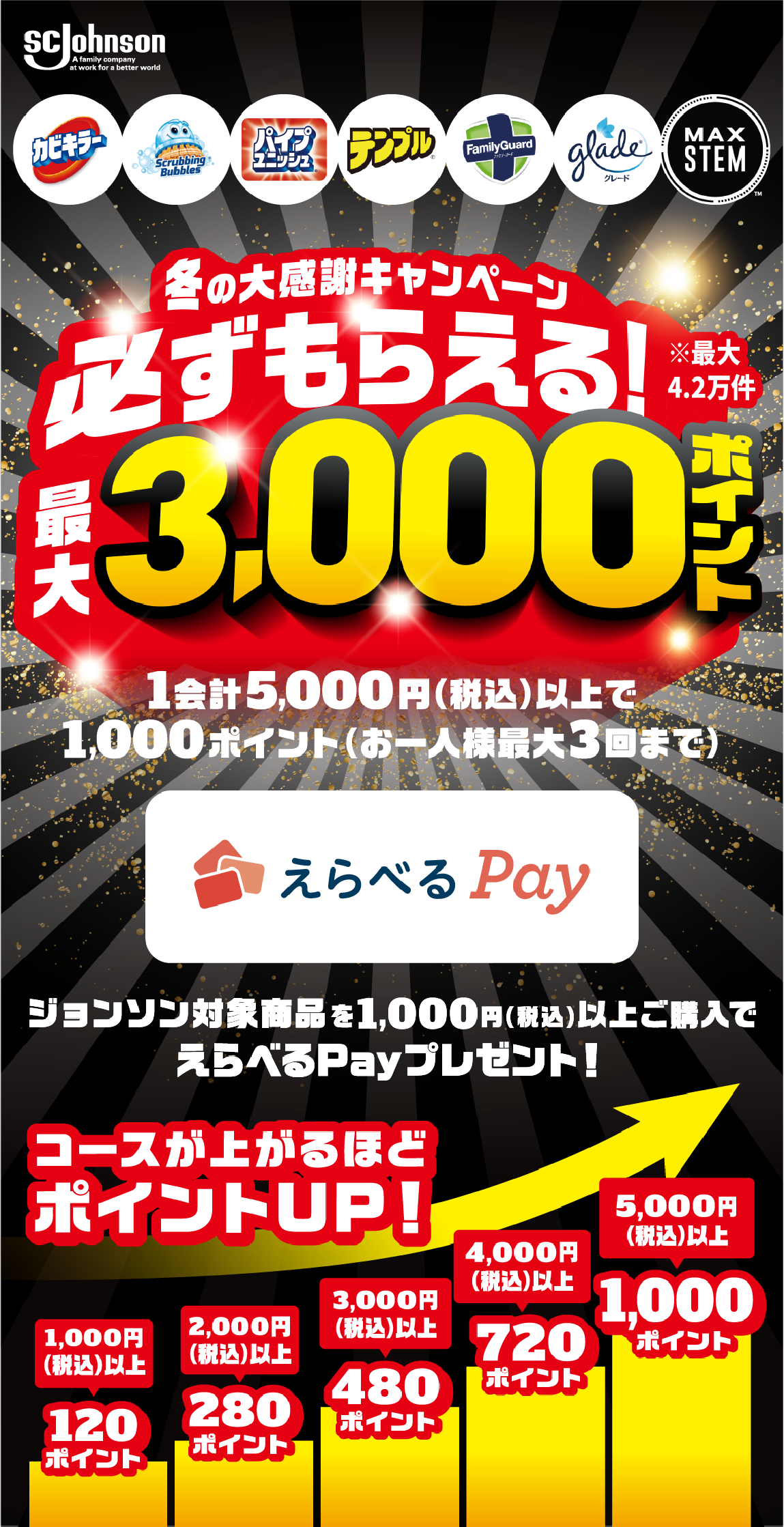 冬の大感謝キャンペーン 必ずもらえる!※最大4.2万件 最大3,000ポイント 1会計5,000円(税込)以上で1,000ポイント(お一人様最大3回まで) ジョンソン対象商品を1,000円(税込)以上ご購入でえらべるPayプレゼント!